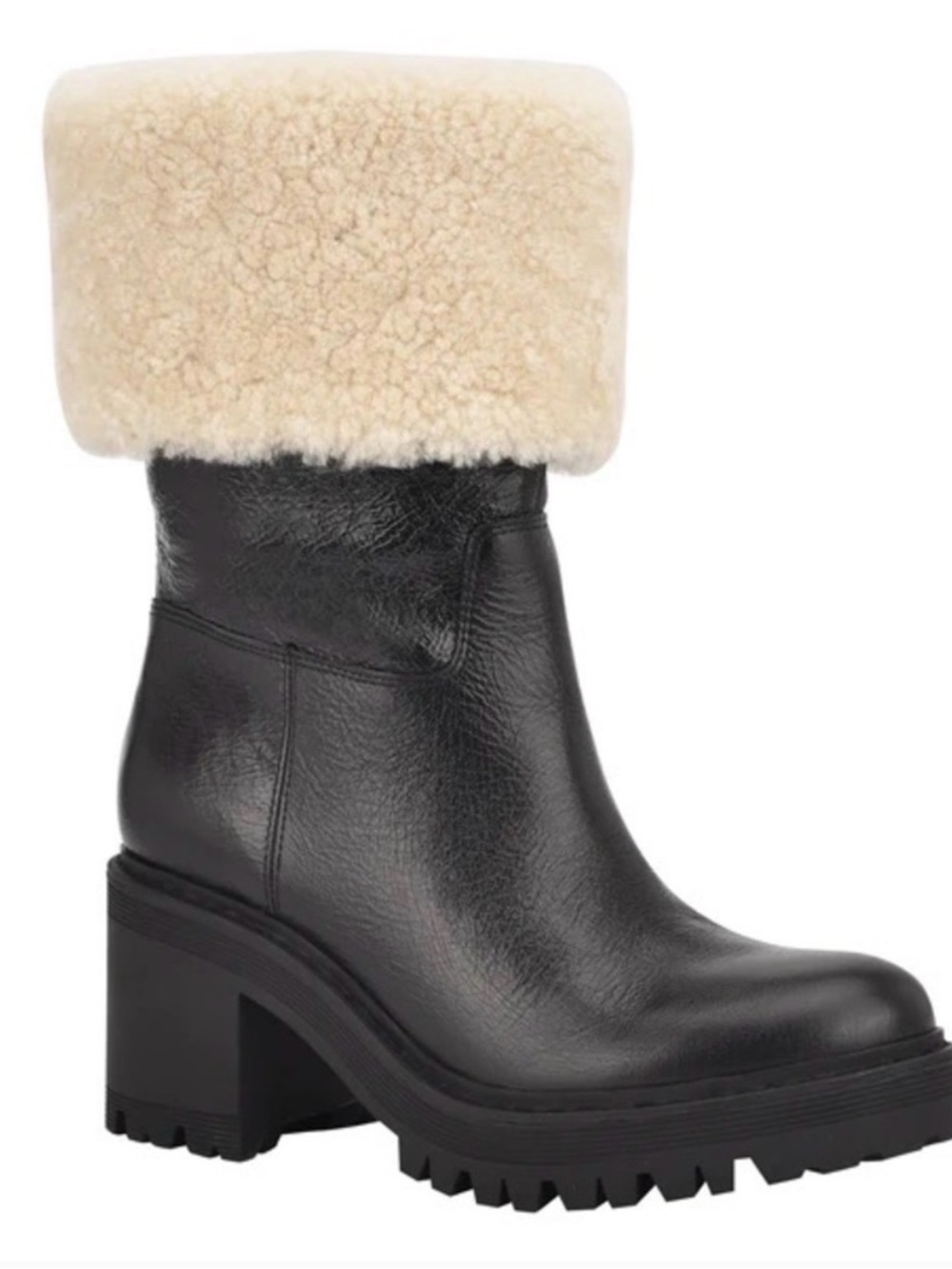 Marc Fisher Black Leather Platform Boots with Cream Shearling Cuff